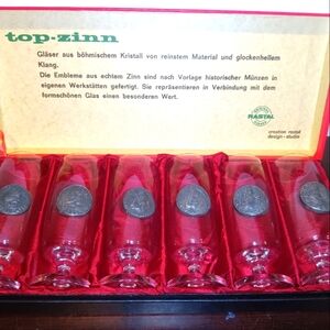 Set 6 In Box Vintage Rastal Top-Zinn Crystal Germany Beer Pilsner Glasses Coins